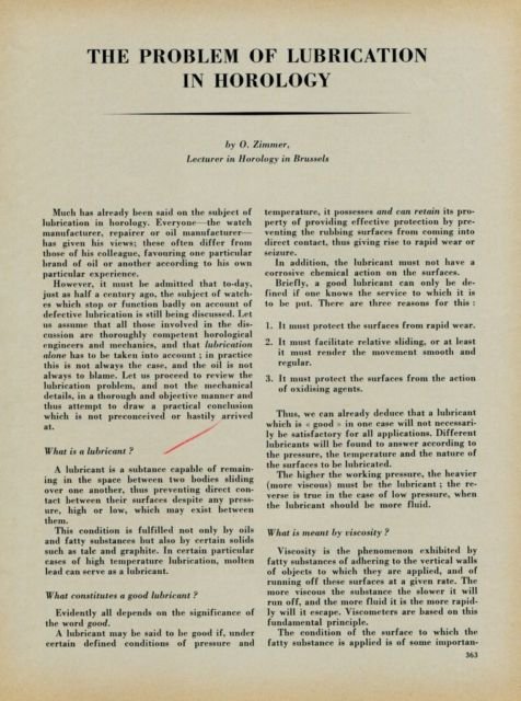 1954 The Problem of Lubrication in Horology Vintage 1954 Swiss Magazine Article Horology