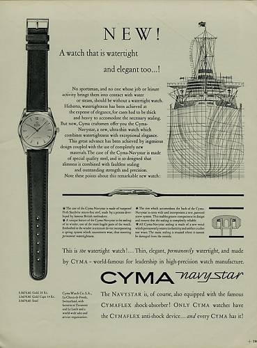Cyma Watch Company Navystar Advert Vintage 1956 Swiss Ad Switzerland Suisse Advert