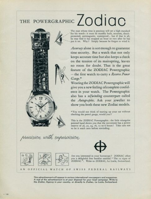 1957 Zodiac Watch Company Zodiac Powergraphic Advert Vintage 1957 Swiss Ad Suisse Advert Horlogerie