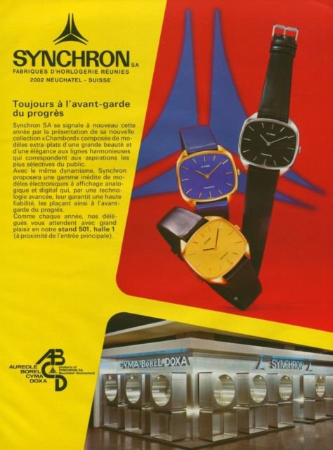 Synchron Watch Company Aureole Borel Cyma Doxa 1976 Swiss Ad Suisse Advert