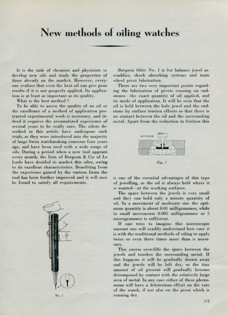 1950 New Methods of Oiling Watches Vintage 1950 Swiss Magazine Article Horology