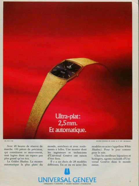 1976 Universal Geneve Watch Company Golden Shadow Vintage 1976 Swiss Ad Suisse Advert