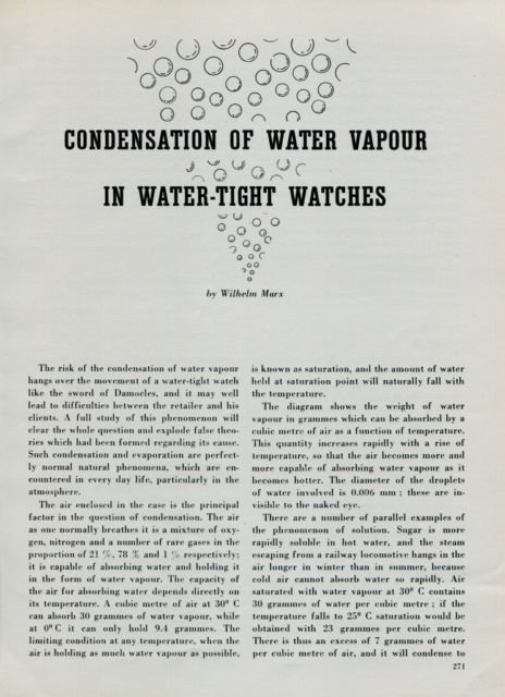 1950 Condensation of Water Vapour in Water-Tight Watches 1950 Swiss Magazine Article by Wilhelm Marx