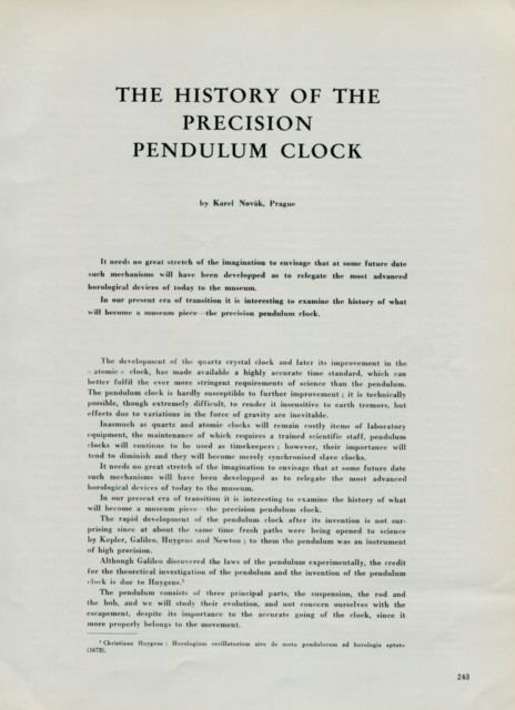 1950 The History of the Precision Pendulum Clock Vintage by Karel Novak 1950 Swiss Magazine Article