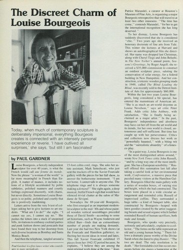 The Discrete Charm of Louise Bourgeois 1980 Art Magazine Article