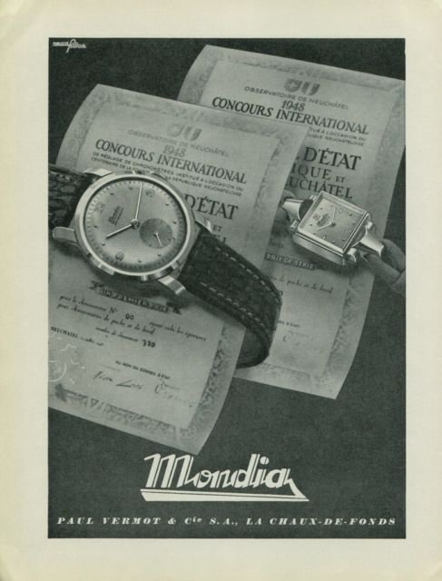 1949 Mondia Watch Company Switzerland Paul Vermot & Cie Vintage 1949 Swiss Ad Suisse Advert