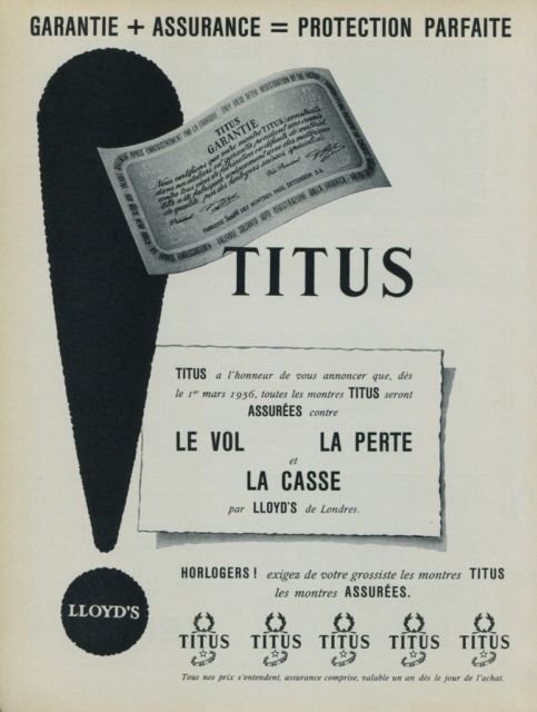 1956 Titus Watch Company Lloyds de Londres 1956 Swiss Ad Lloyd's of London Suisse Advert Horlogerie