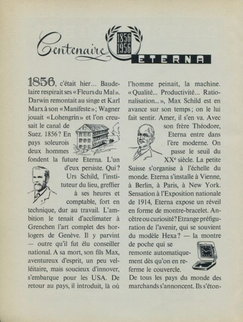 Eterna Watch Company 100 Year Anniversary Vintage 1956 Swiss Ad 1856-1956 Switzerland Suisse Advert