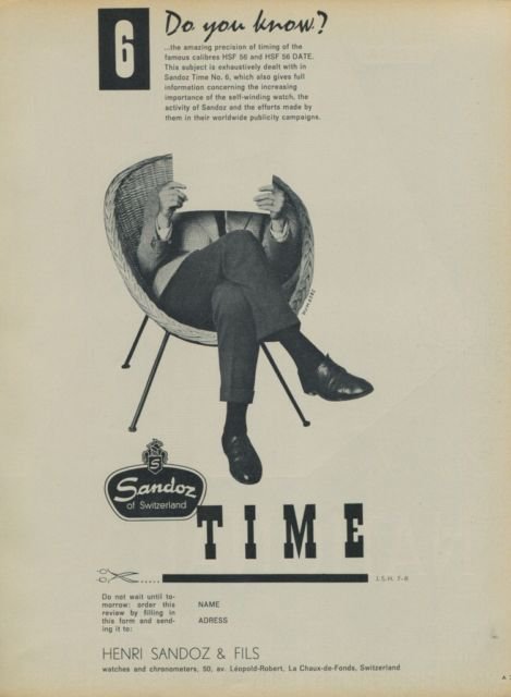 1957 Sandoz Watch Company Sandoz of Switzerland 1957 Swiss Ad Suisse Advert Horology