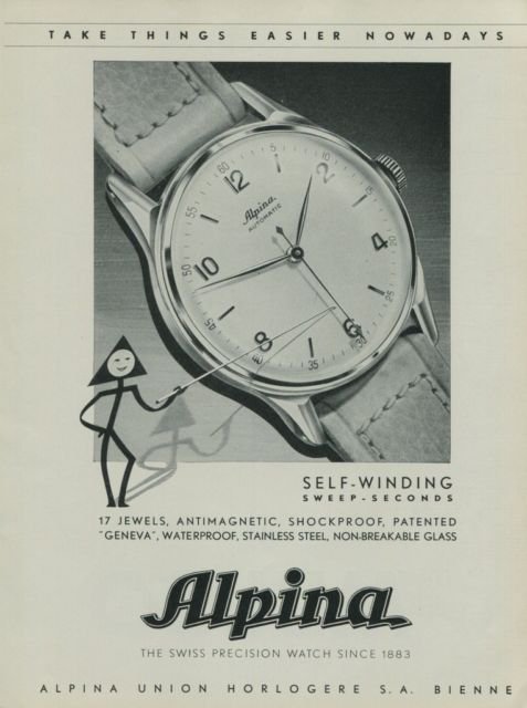 Alpina Watch Company Vintage 1949 Swiss Ad Bienne Switzerland Suisse Horlogerie