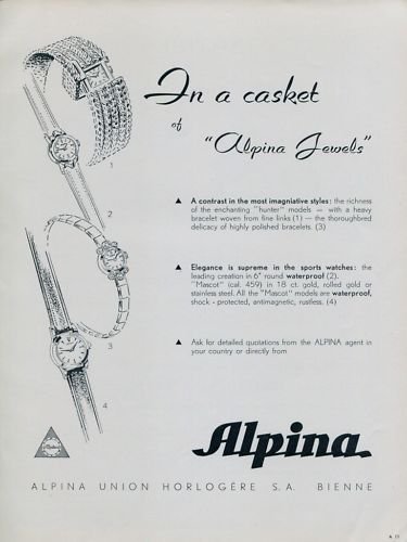 Alpina Watch Company 1956 Swiss Ad Bienne Switzerland Suisse Advert Horology