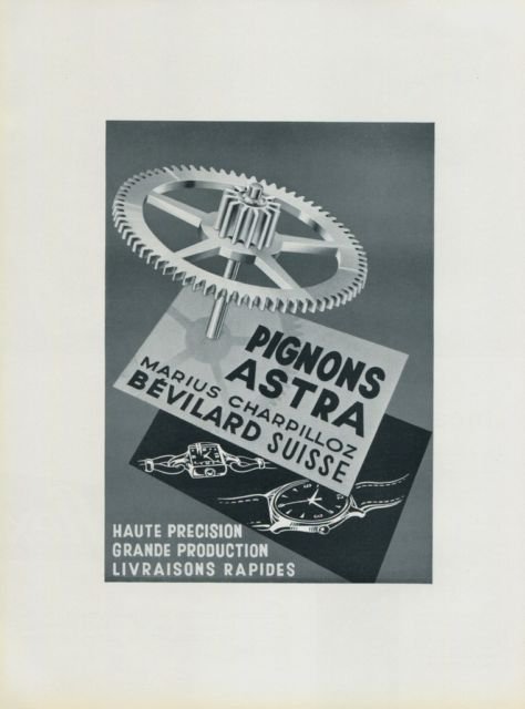 1958 Marius Charpilloz Pignons Astra Vintage 1958 Swiss Ad Suisse Advert Horlogerie Horology
