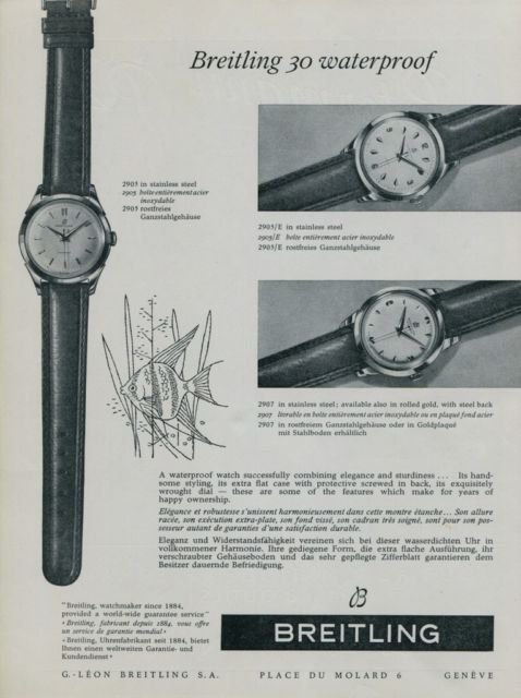 1956 Breitling 30 Waterproof Watch Advert Vintage Swiss Print Ad Publicite Breitling Watch Company