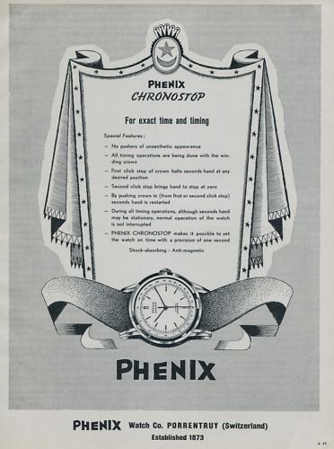 1956 Phenix Watch Co Porrentruy Switzerland Vintage 1956 Swiss Print Ad Suisse Publicite Montres