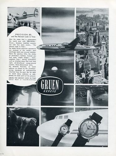 1956 Gruen Watch Company Trans World Airlines TWA Vintage Swiss Print Ad Suisse Publicite Montres