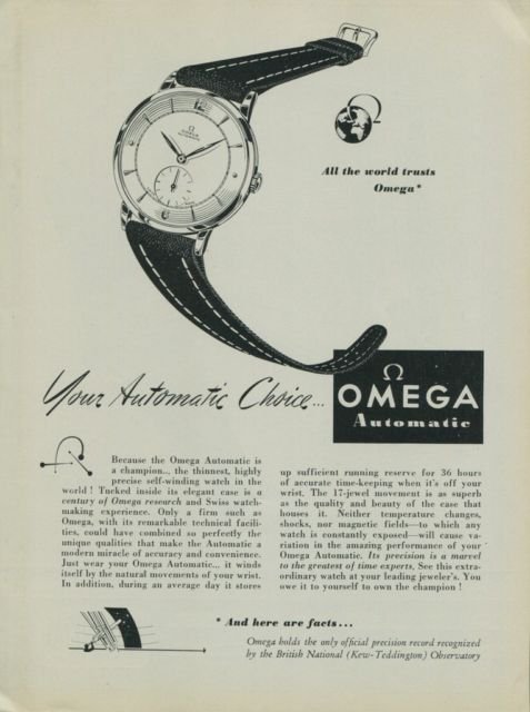 Vintage 1949 Omega Watch Co Your Automatic Choice Swiss Print Ad Suisse ...