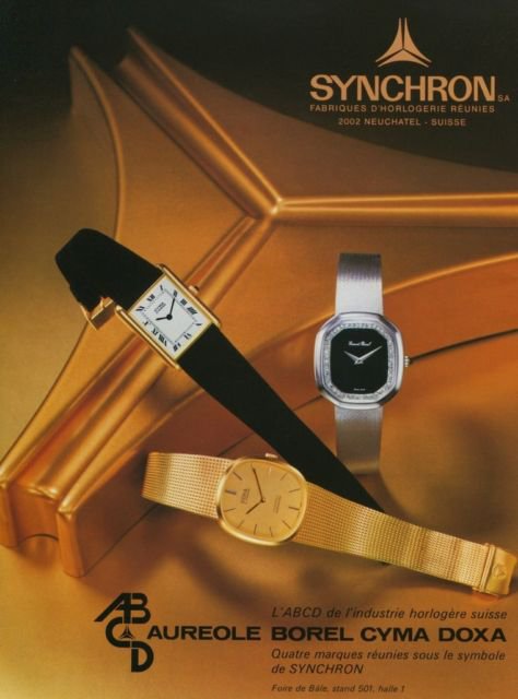 1977 Synchron SA Watch Co Aureole Borel Cyma Doxa Swiss Print Ad SuissePublicite Montres