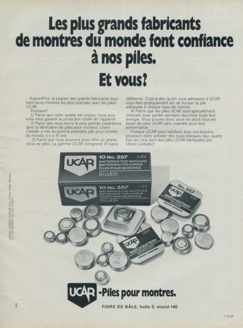 1977 UCAR Union Carbide Europe SA Swiss Print Ad Suisse Publicite Horlogerie Horology Schweiz