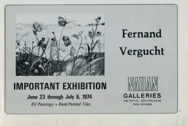 1974 Fernand Vergucht Vintage 1974 Art Exhibition Ad Nahan Galleries, New Orleans Publicite Advert