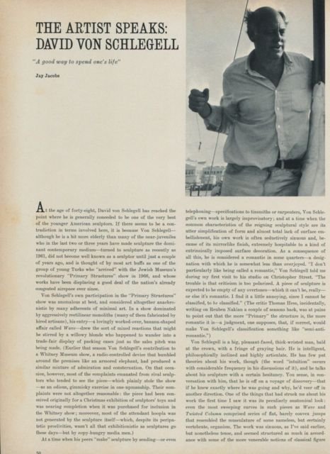 1968 David Von Schlegell The Artist Speaks by Jay Jacobs Vintage 1968 Art Magazine Article