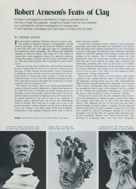 Sculptor Robert Arneson Feats of Clay Vintage 1974 Art Magazine Article
