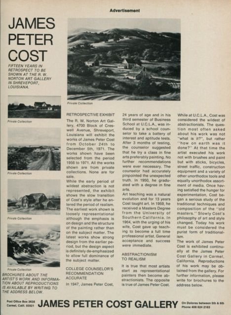 James Peter Cost 1971 Retrospective Art Exhibition Ad Advert R W Norton Art Gallery Shreveport