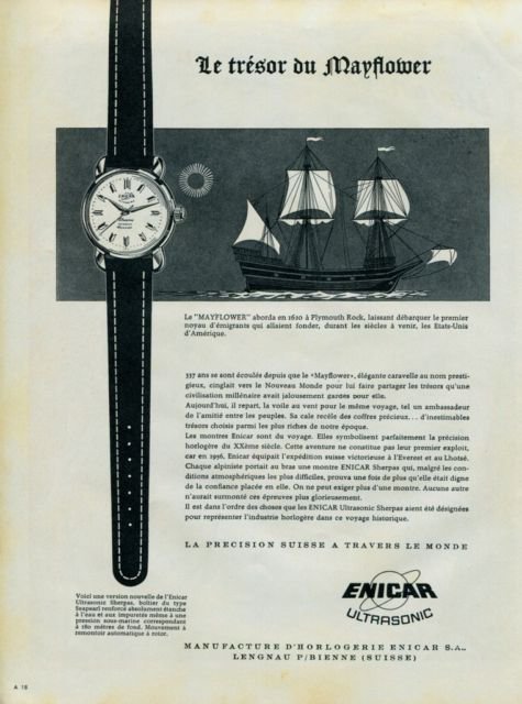 1957 Enicar Watch Company Tresor du Mayflower Vintage Swiss Print Ad Publicite Suisse Montres