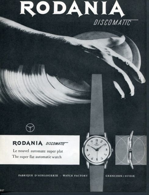 1957 Rodania Discomatic Watch Advert Publicite Suisse Swiss Print Ad Rodania Watch Co Rodana