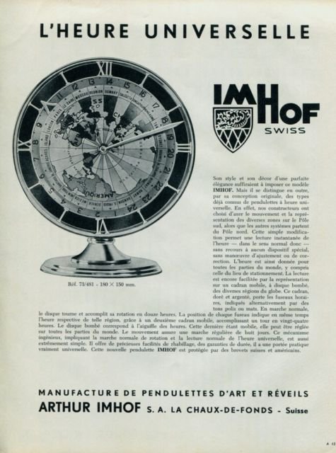 Imhof Clock Company 1957 Swiss Print Ad Suisse Publicite L'Heure Universelle Arthur Imhof S.A.