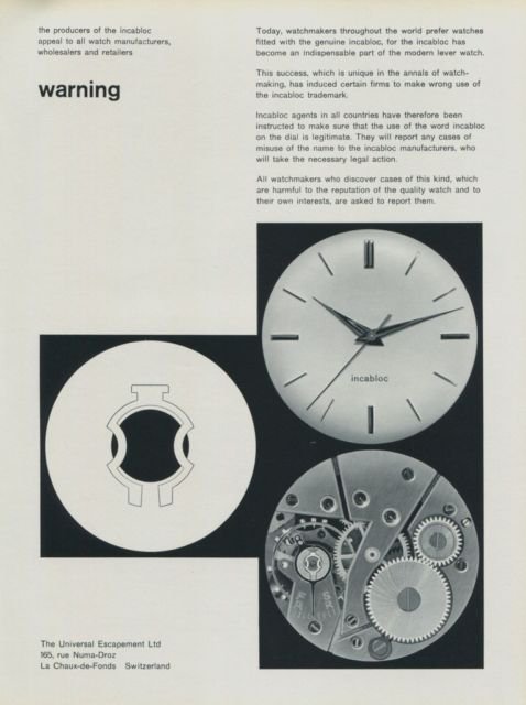 1958 Incabloc Universal Escapement Co Switzerland Swiss Print Ad Publicite Suisse Horlogerie