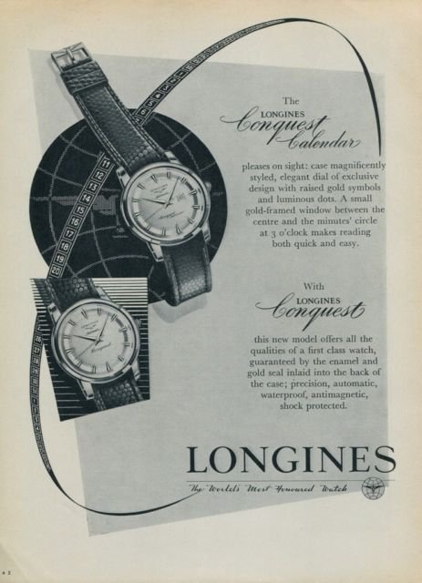1957 Longines Conquest Calendar Watch Advert 1950s Swiss Print Ad Publicite Suisse Montres