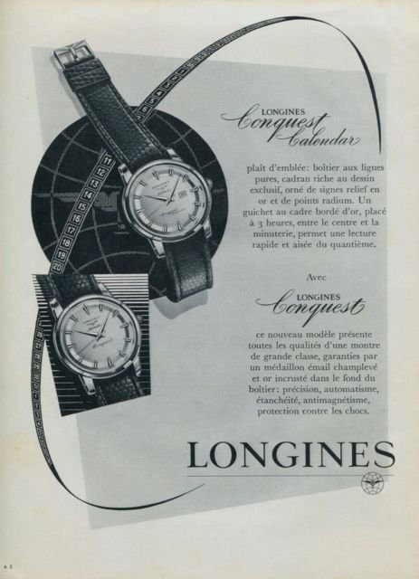 Vintage 1957 Longines Conquest Watch Advert Swiss Print Ad Publicite Suisse Montres (French Text)