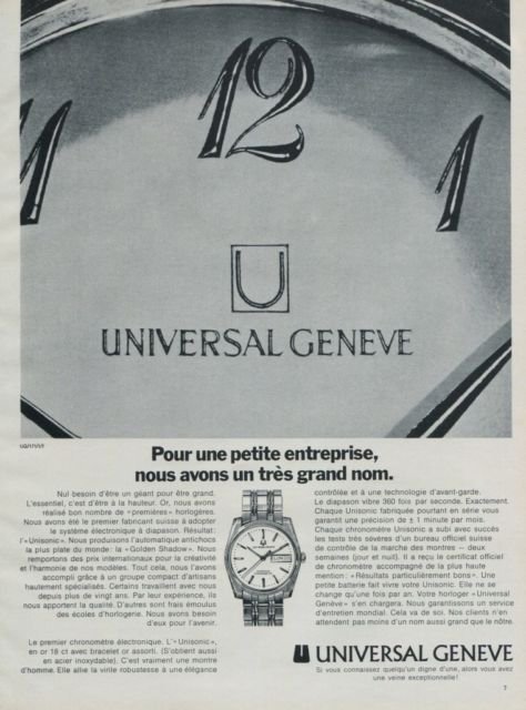 1971 Universal Geneve Watch Company Universal Watch Co. Switzerland 1971 Swiss Ad Suisse Advert