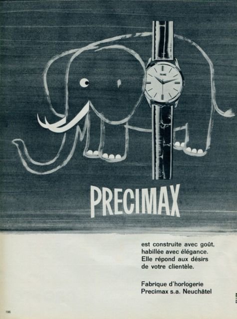 1963 Precimax Watch Company Switzerland Vintage 1963 Swiss Ad Suisse Advert (Elephant)