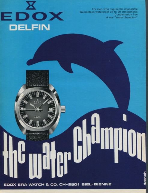 Edox Watch Company Delfin Water Champion 1975 Swiss Ad Suisse Advert Horology