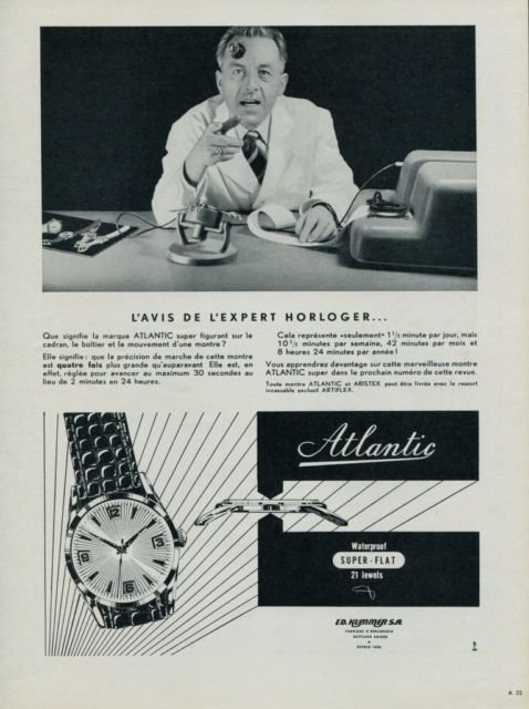 Atlantic Watch Company Vintage 1955 Swiss Ad Suisse Advert Horlogerie Horology