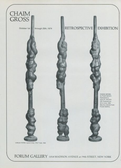 Chaim Gross Vintage 1974 Retrospective Art Exhibition Ad Circus Totem Forum Gallery NY