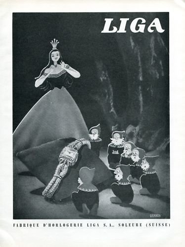 1946 Liga Watch Company Snow White & the Seven Dwarfs Switzerland 1946 Swiss Ad Suisse Advert