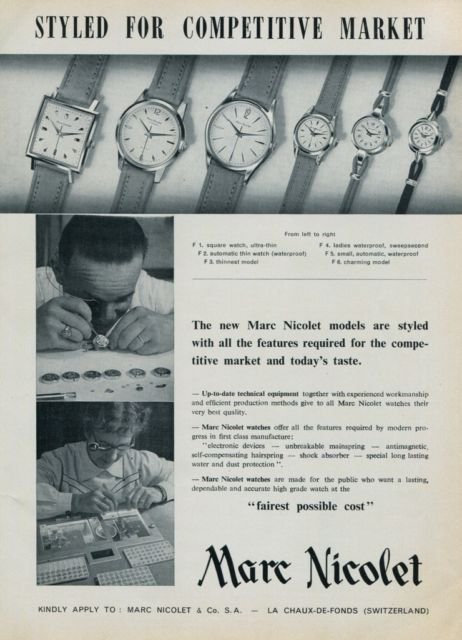 1960 Marc Nicolet Watch Company Switzerland Vintage 1960 Swiss Ad Suisse Horlogerie Advert Horology