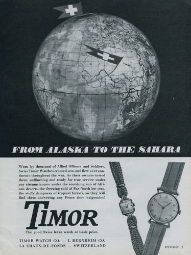 1946 Timor Watch Company Switzerland Vintage 1946 Swiss Ad Suisse Advert J Bernheim Co.