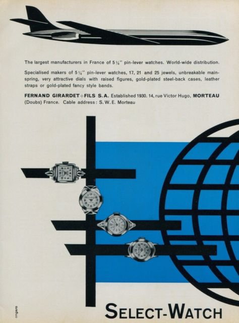 Select Watch Company Fernand Girardet & Fils S.A. Morteau France 1960 Swiss Ad