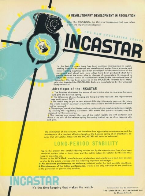 1949 Incastar Universal Escapement Company Vintage 1949 Swiss Ad Suisse Advert Horology Horlogerie