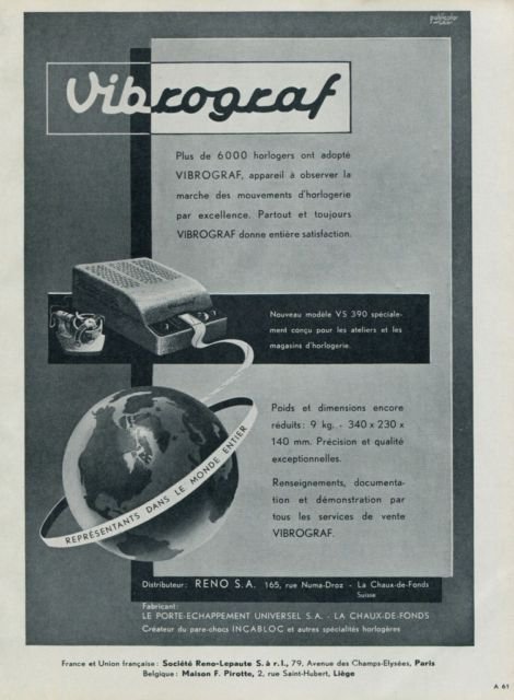 Vibrograf 1955 Suisse Advert Le Porte-Echappement Universel SA Vintage Swiss Ad Switzerland