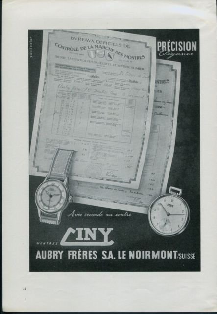 1947 Ciny Watch Company Aubry Freres S.A. Vintage 1947 Swiss Ad Suisse Advert