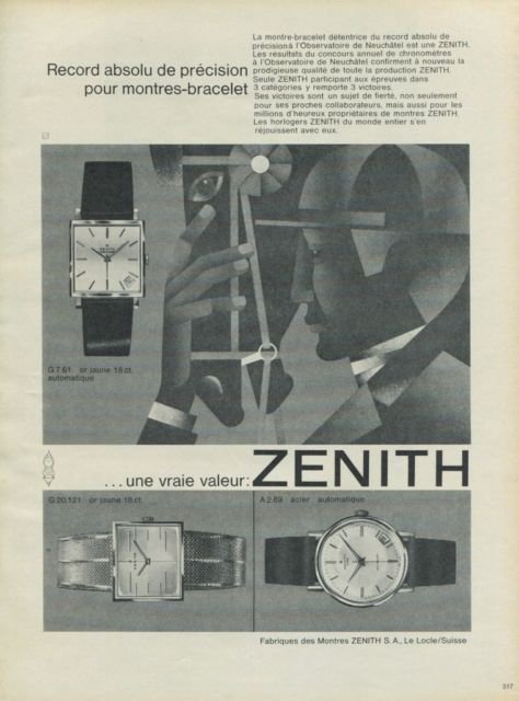 1965 Zenith Watch Company Vintage 1965 Swiss Ad Suisse Advert Le Locle Switzerland