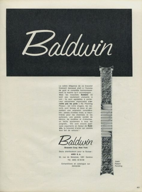 Baldwin Bracelet Corp. New York Vintage 1965 Swiss Ad Suisse Advert Horology