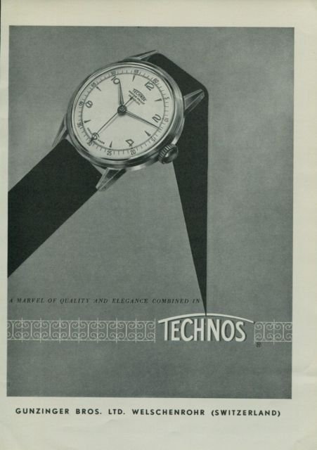 1950 Technos Watch Company Switzerland Vintage 1950 Swiss Ad Suisse Advert Gunzinger Bros.