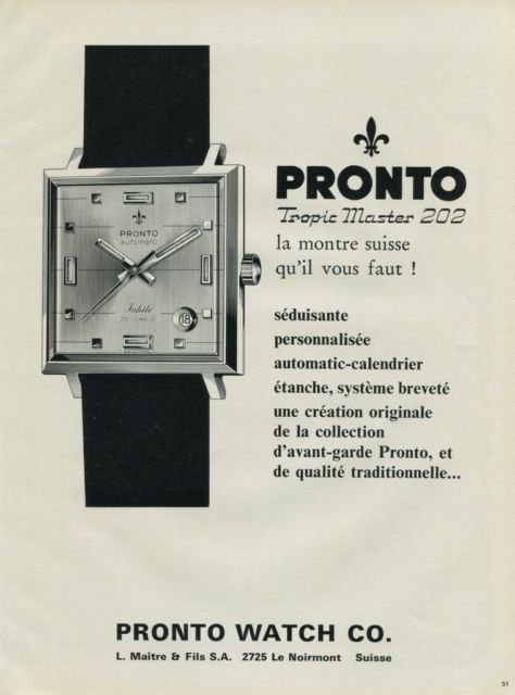 1968 Pronto Watch Company L Maitre & Fils SA Switzerland Vintage 1968 Swiss Ad Suisse Advert