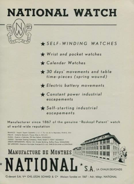 1950 National Watch Company La Chaux-de-Fonds Switzerland Vintage 1950 Swiss Ad Suisse Advert