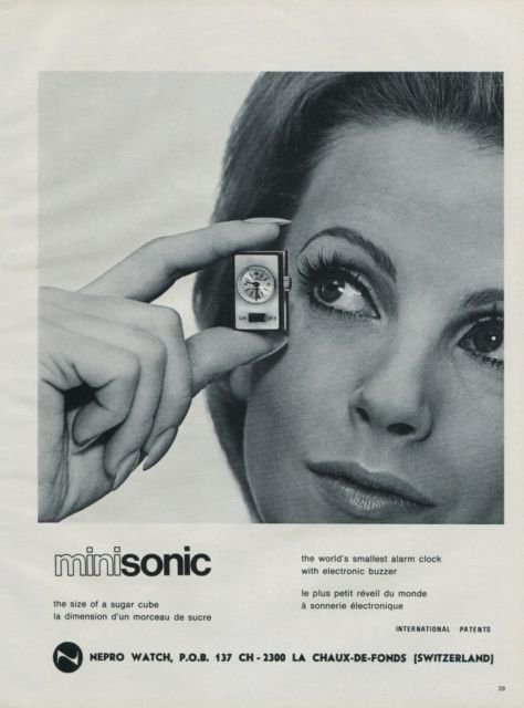 1972 Nepro Watch Company Switzerland Nepro Minisonic Advert Vintage 1972 Swiss Ad Suisse Advert
